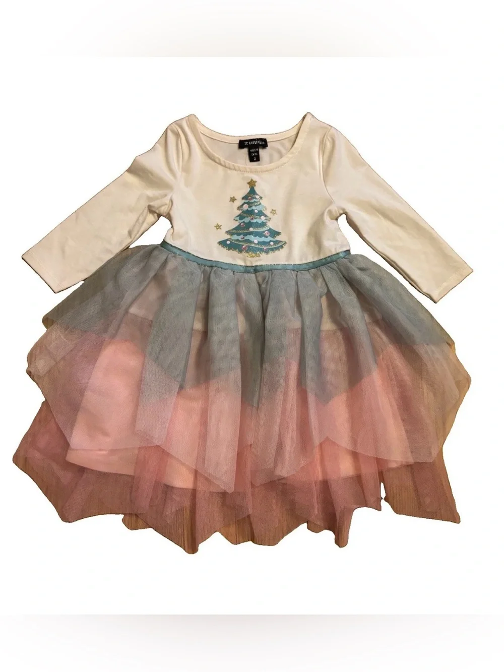 Zunie Little Girls Cream Long-Sleeve Dress with Pastel Tulle Skirt - Size 2